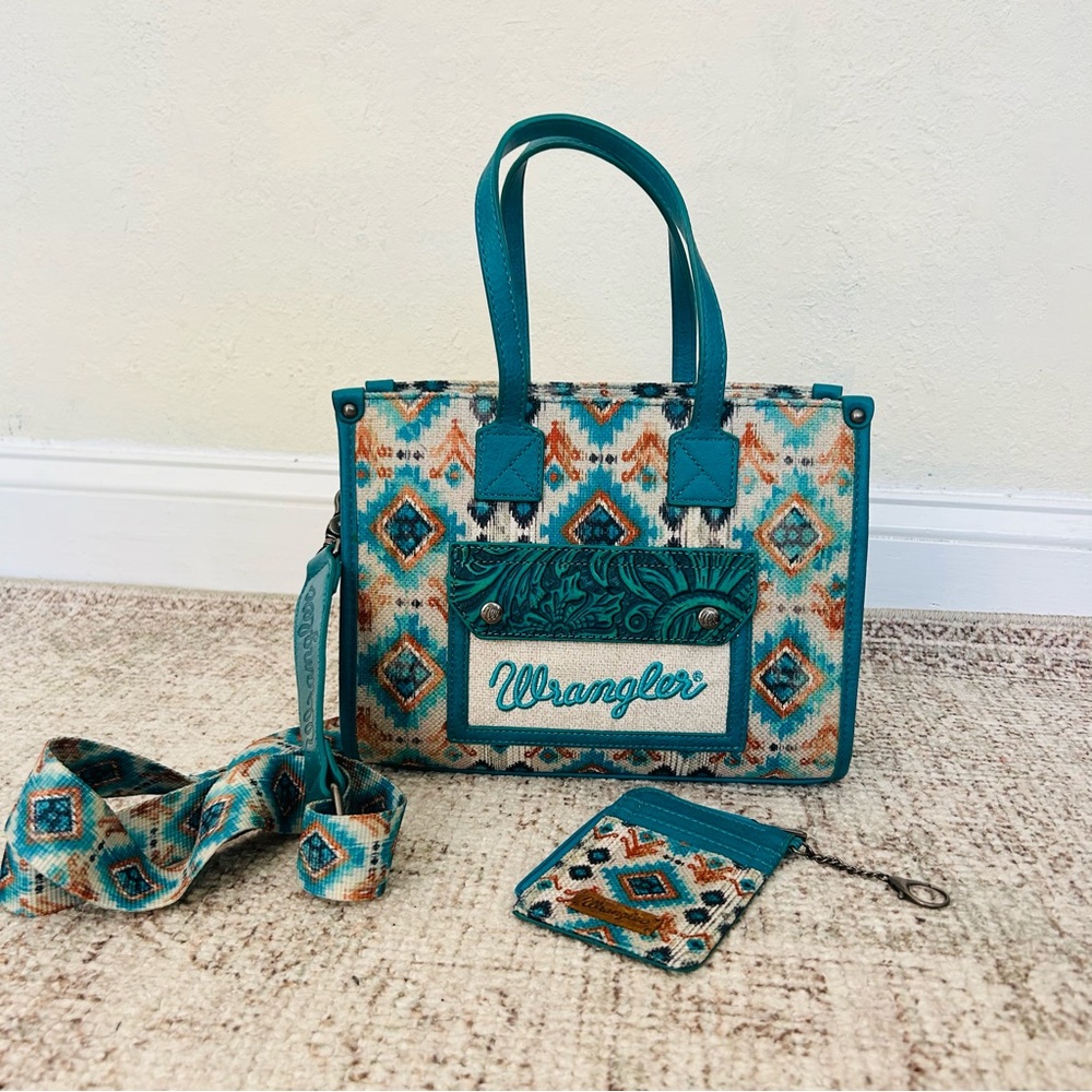 Wrangler Teal Aztec Satchel with Matching card holder